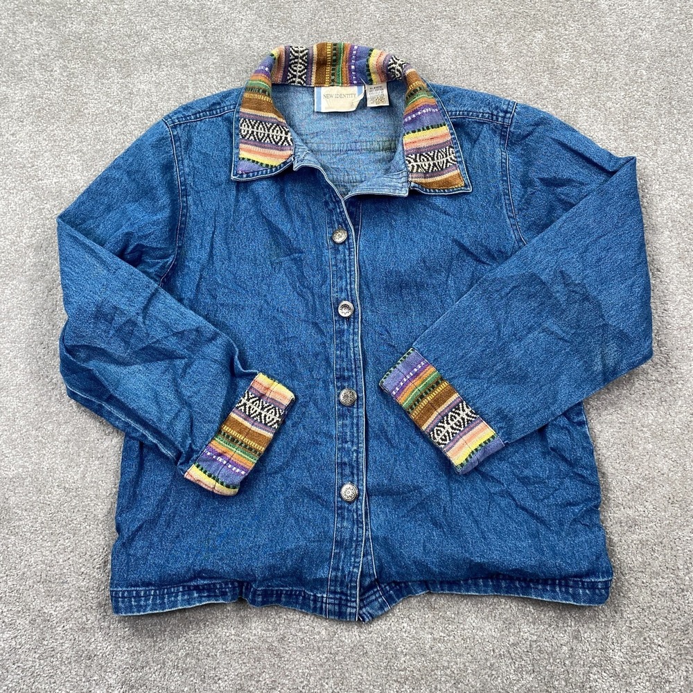 New Identity Casual Embroidered Flower Button Denim Jackets Women's Size M Blue